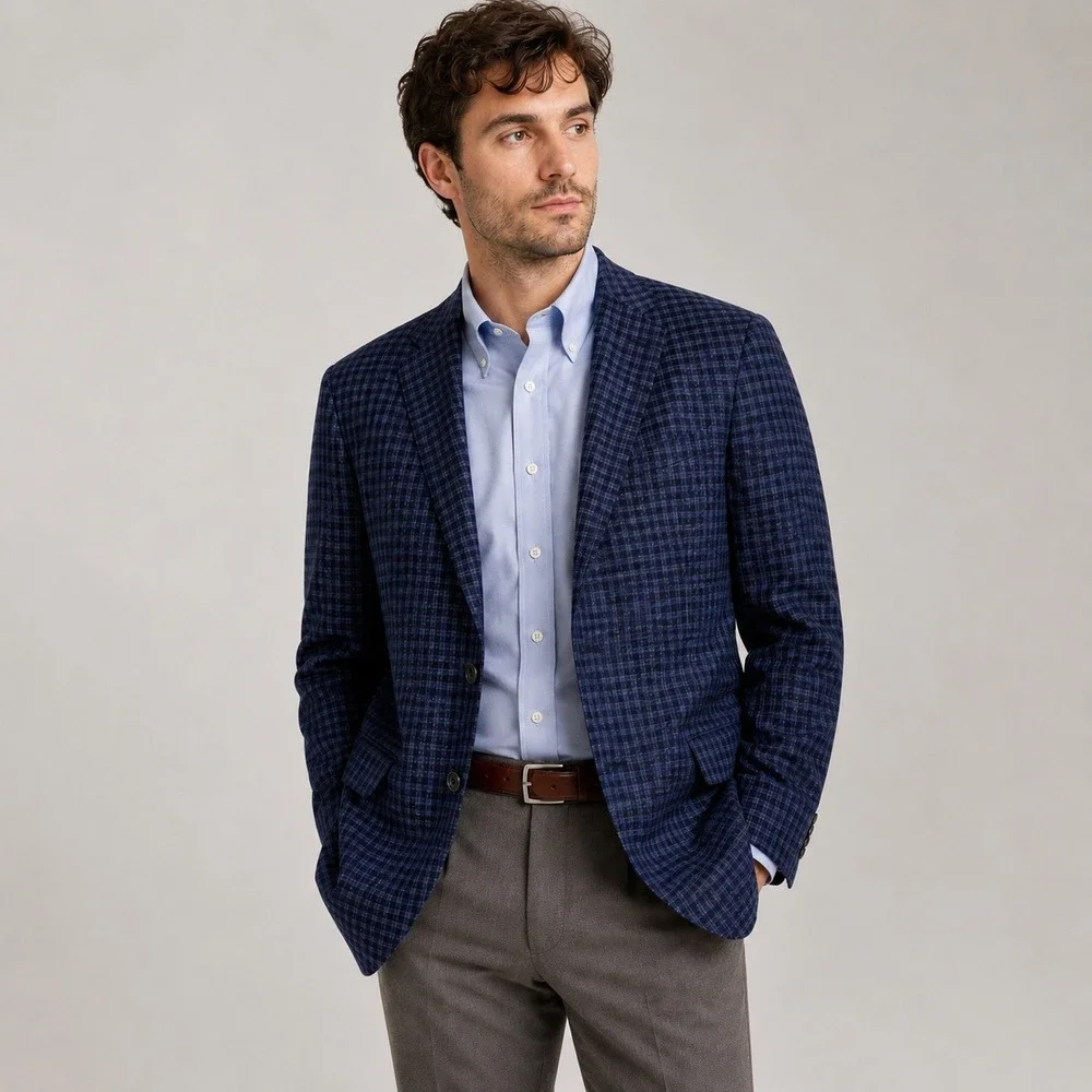 Peter Millar Loro Piana Windowpane Sport Coat Mens 44T Wool Silk Linen Cashmere